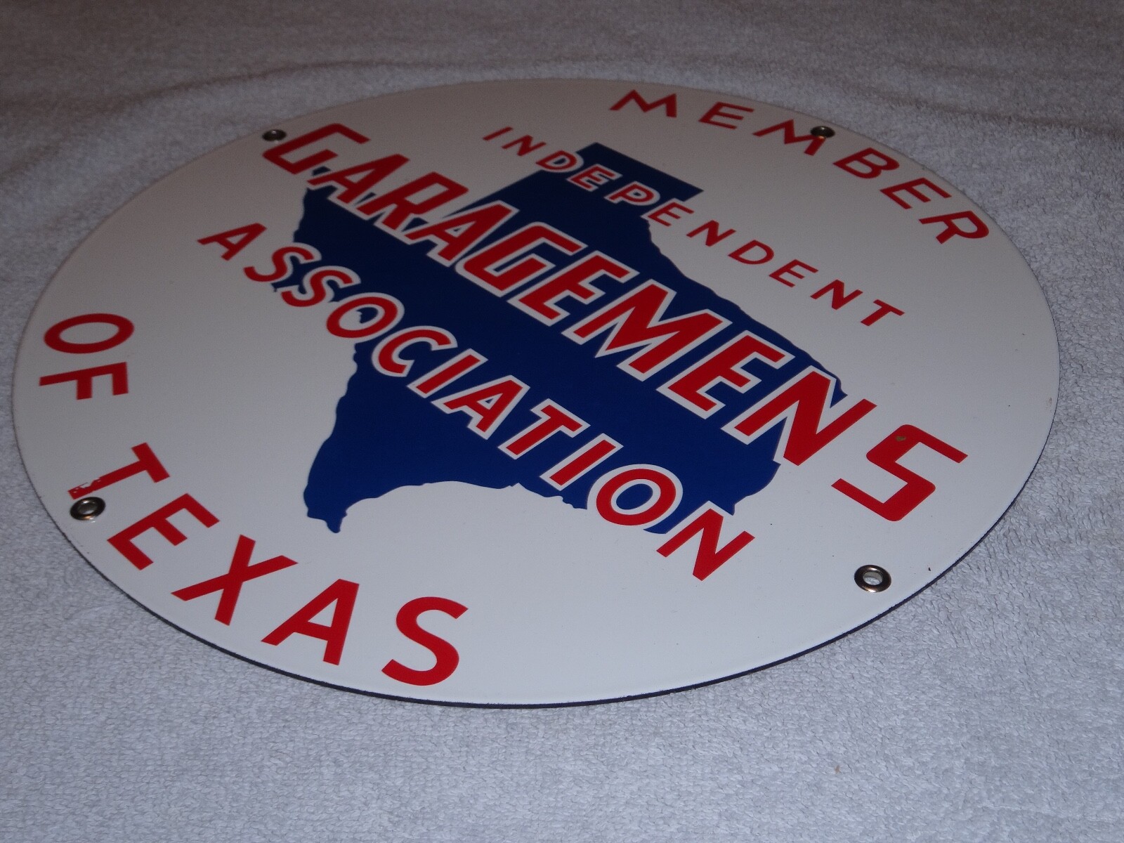 VINTAGE MEMBER INDEPENDENT GARAGEMENS ASSOCIATION TEXAS 14″ PORCELAIN METAL SIGN