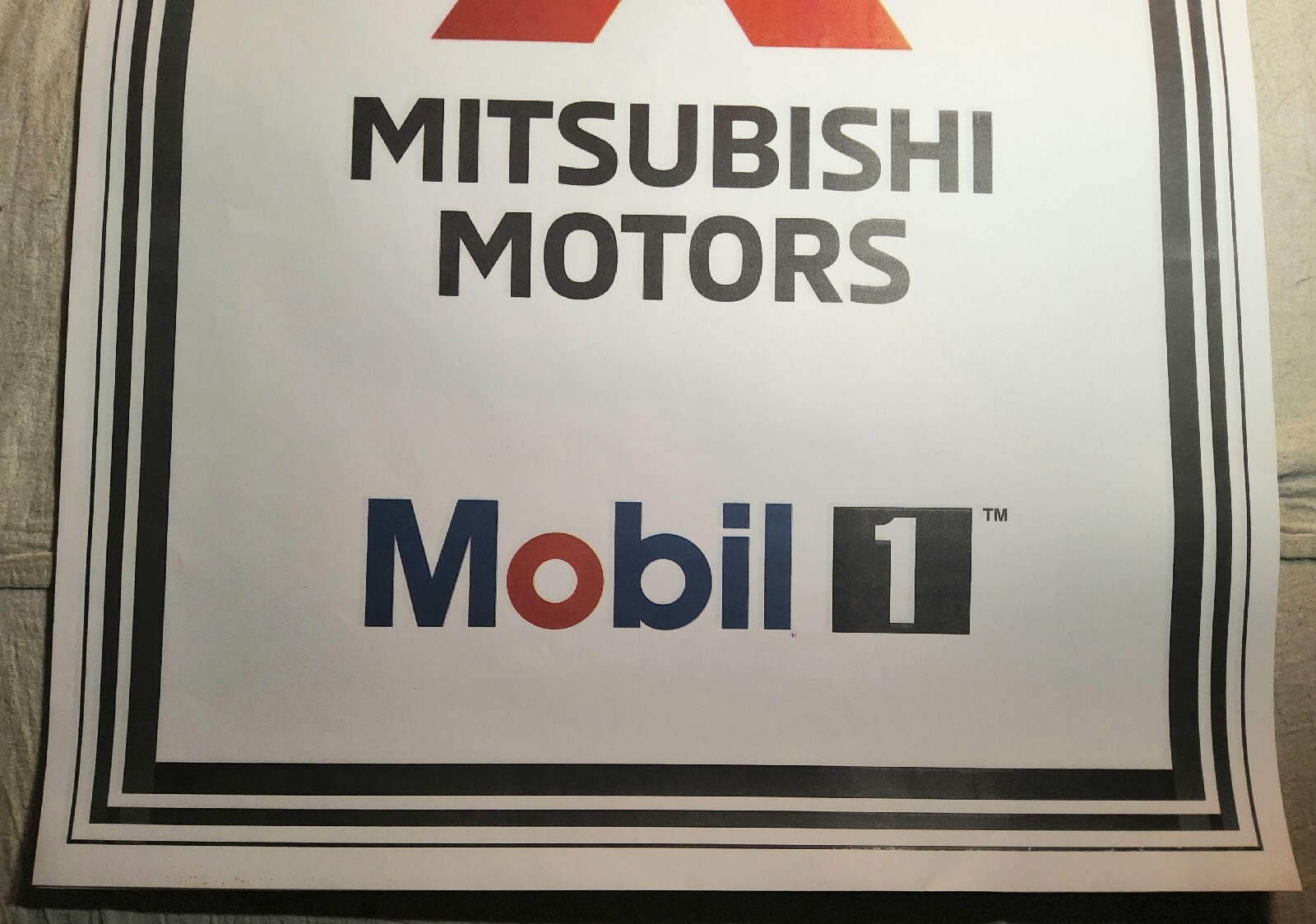 NEW S/S MITSUBISHI MOTORS MOBIL 1 OIL ADVERTISING THIN PAPER SIGN 22″ T BY 17″ W