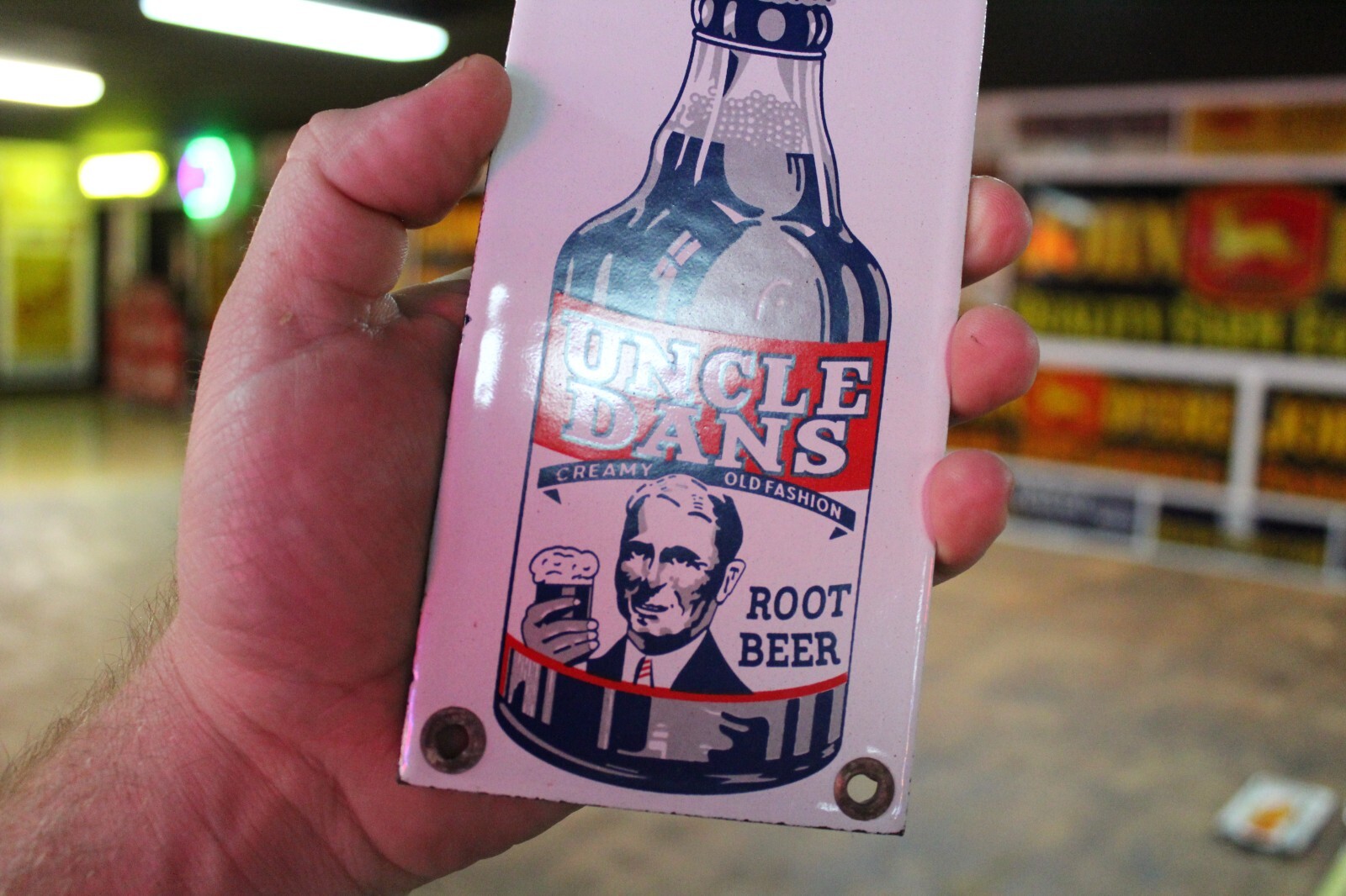 DRINK UNCLE DANS ROOT BEER SODA POP DEALER PORCELAIN METAL SIGN COKE COLA