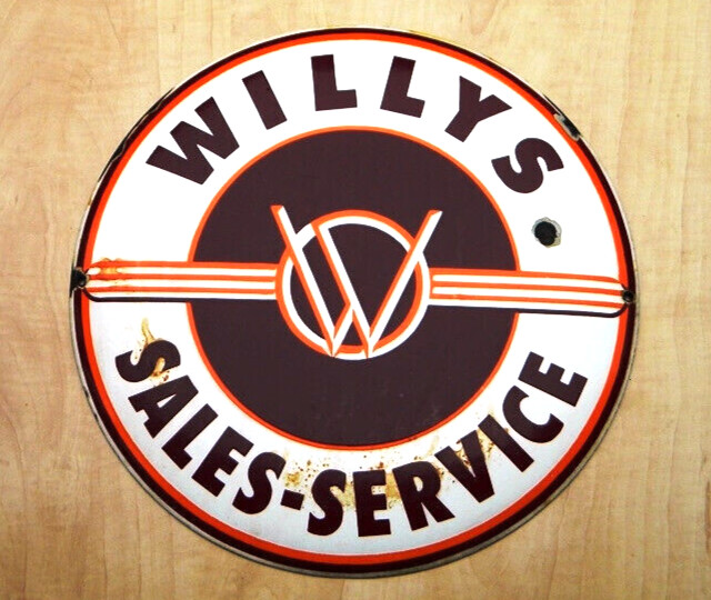 LARGE VINTAGE WILLYS SALES-SERVICE PORCELAIN METAL SIGN ~16″ JEEP MB CJ OIL GAS