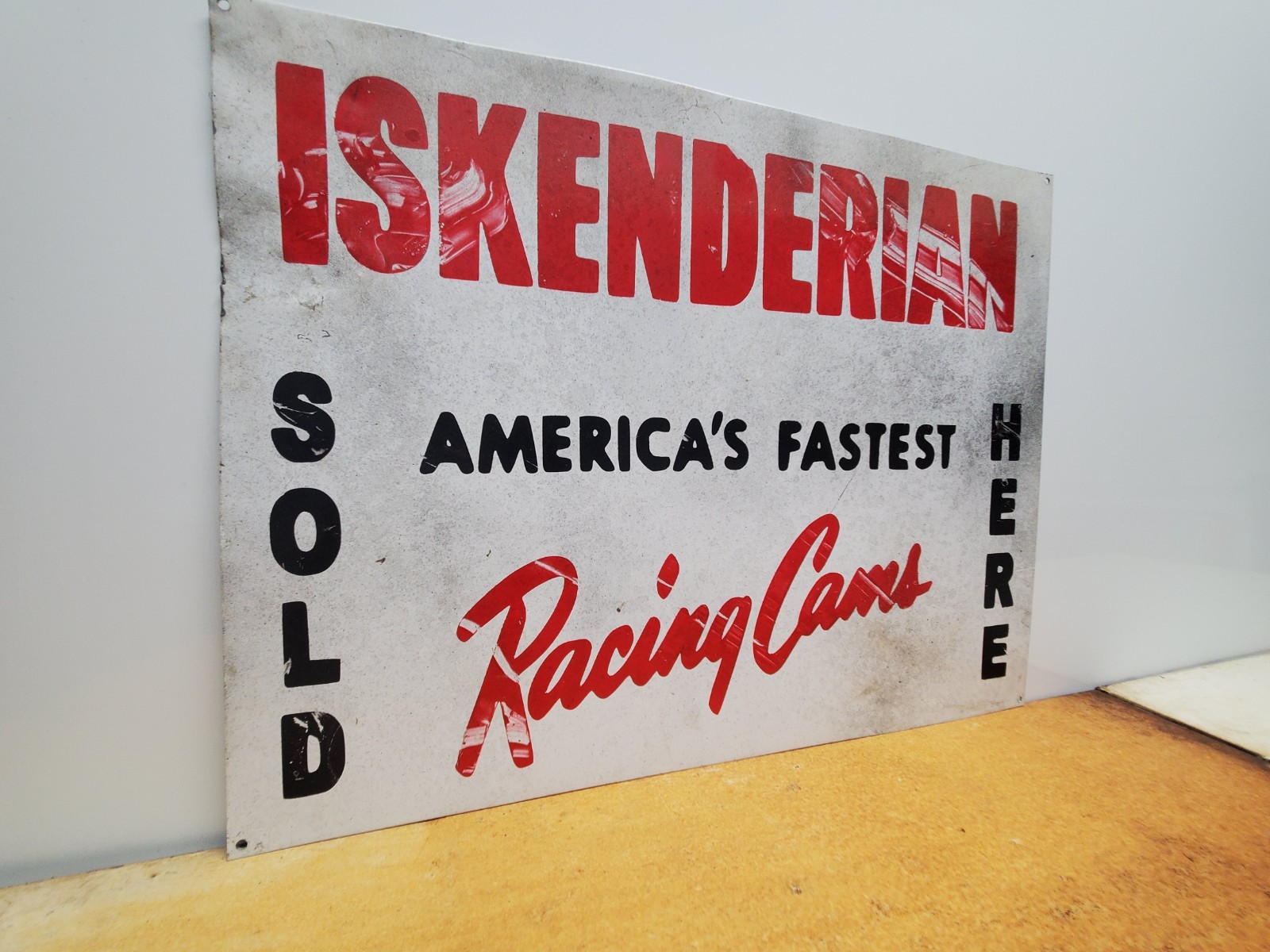 Iskenderian Racing Cams 18.5×14″ Painted Speed Shop Sign Antiqued Vintage Look