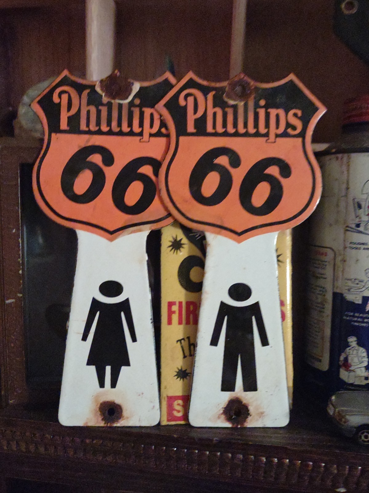 VTG Phillips 66 Porcelain Gas Station Sign Pair Restroom Bathroom Key Holder