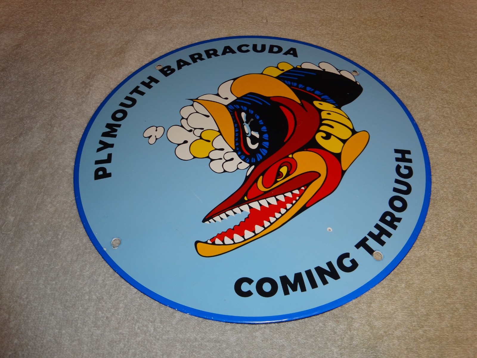 VINTAGE DODGE PLYMOUTH BARRACUDA 11 3/4″ PORCELAIN METAL CAR FISH GAS & OIL SIGN