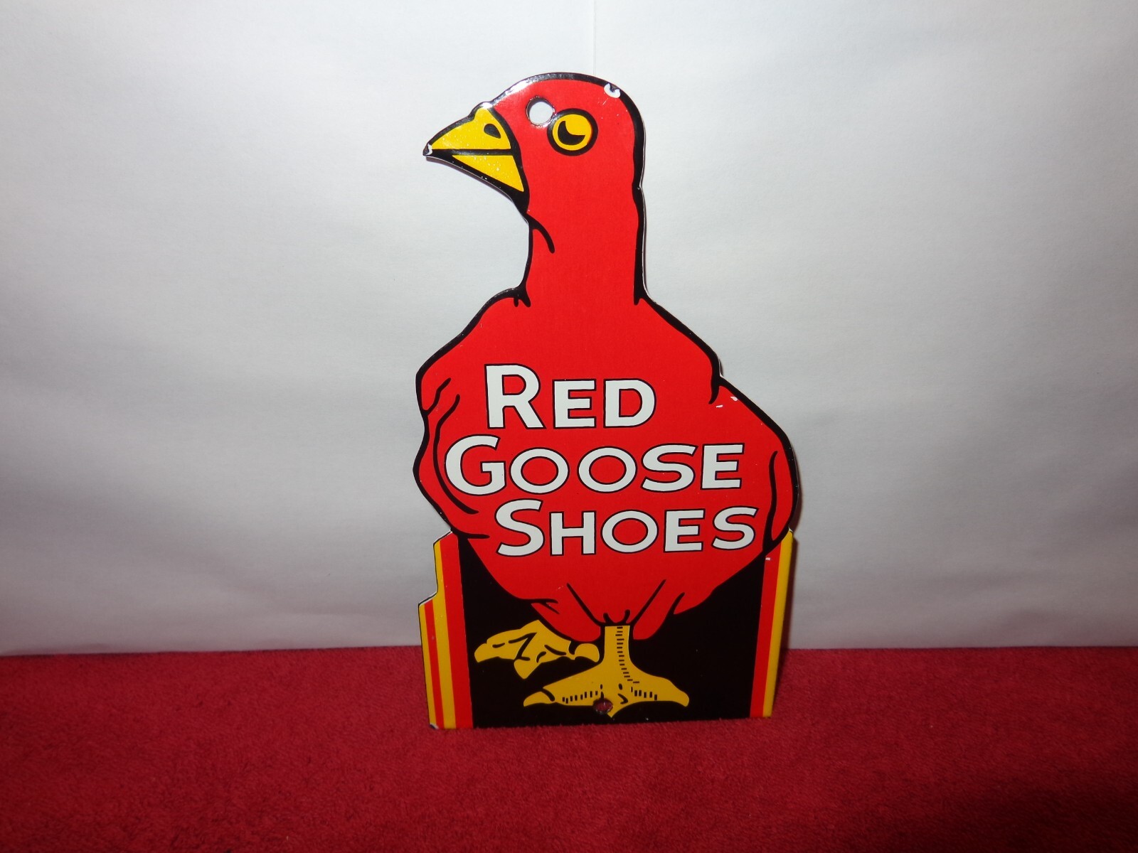 7 3/4 x 4 1/2 INCH RED GOOSE SHOES SIGN DIE CUT HEAVY METAL PORCELAIN # A-23