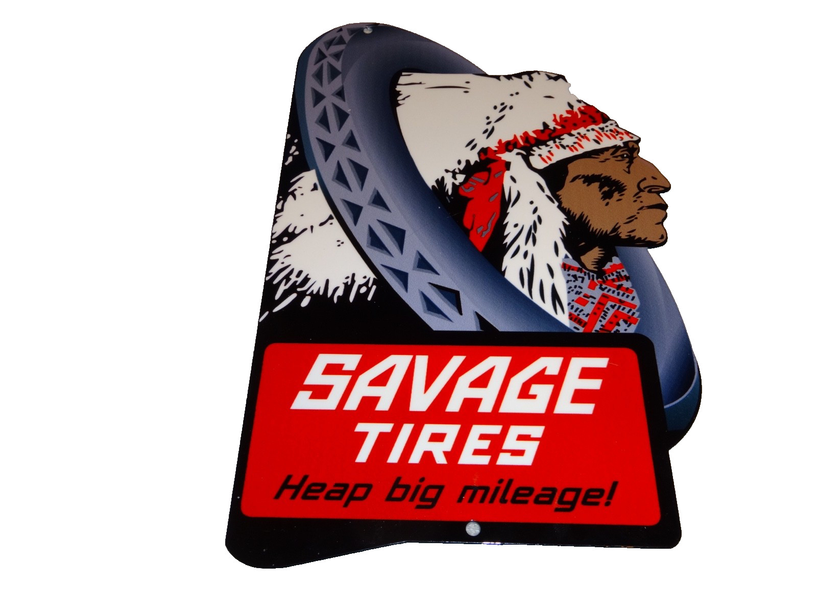 VINTAGE SAVAGE TIRES HEAP BIG MILEAGE +INDIAN 12″ ENAMEL METAL GASOLINE OIL SIGN