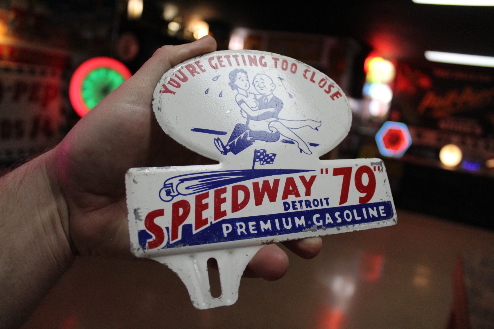 SCARCE 1950s SPEEDWAY 79 GASOLINE STAMPED PAINTED METAL TOPPER SIGN RACE LADY
