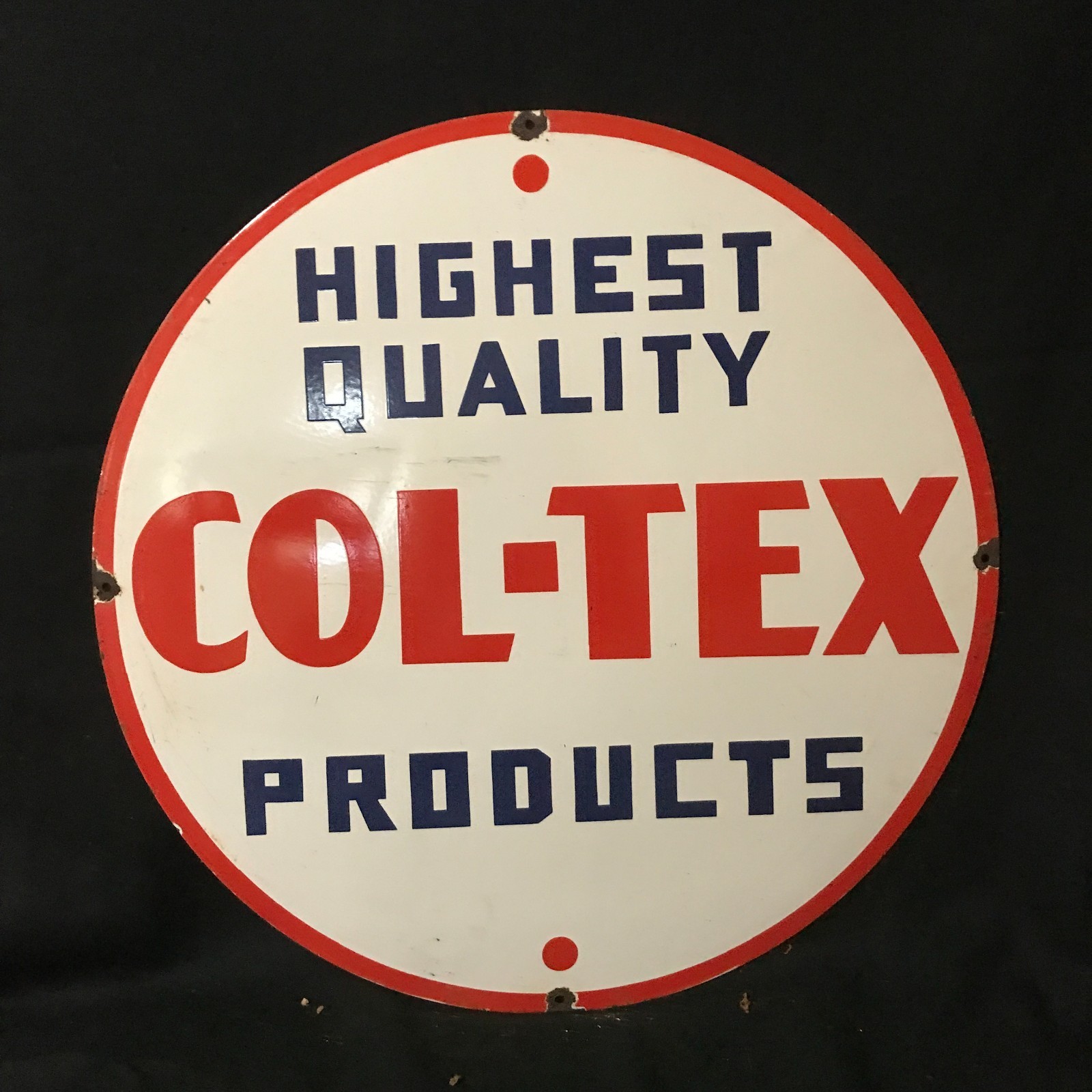 COL -TEX PRODUCTS ADVERTISING PORCELAIN ENAMEL SIGN 30 IN ROUND SS