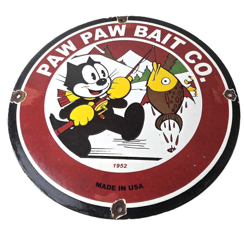 Vintage Paw Paw Bait Fishing Sign – Felix Cat Pump Plate Gas Service Sign