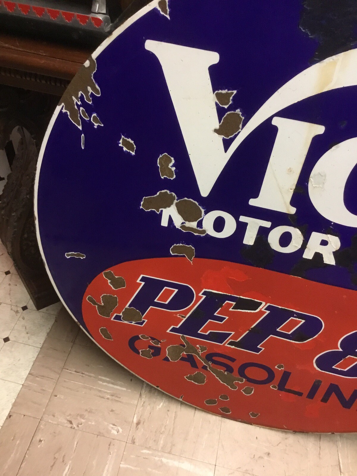 Ultra Rare 1930s 40s Vico Pep88 Gasoline Double Sided Porcelain Sign 42 inches.