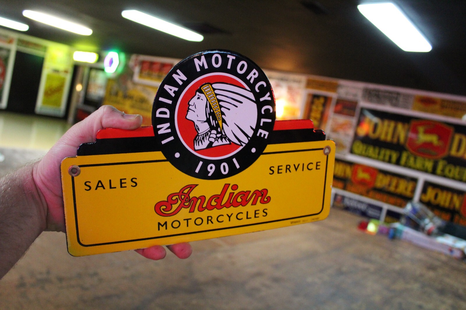 INDIAN MOTORCYCLE DEALER SALES SERVICE PORCEALIN METAL SIGN HARLEY GAS OIL FORD