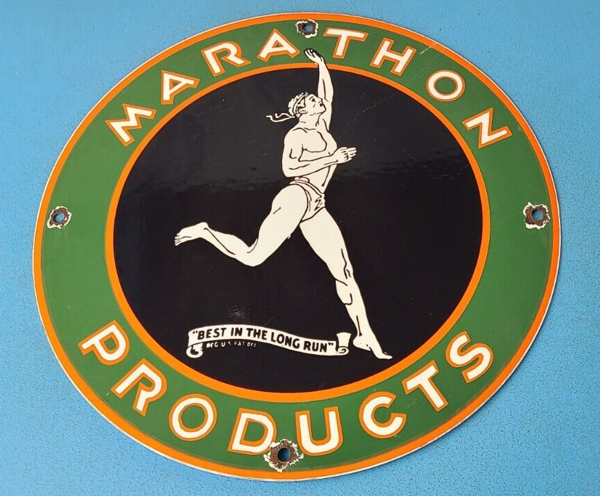 Vintage Marathon Products Sign – Gasoline Gas Motor Oil Pump Shop Porcelain Sign