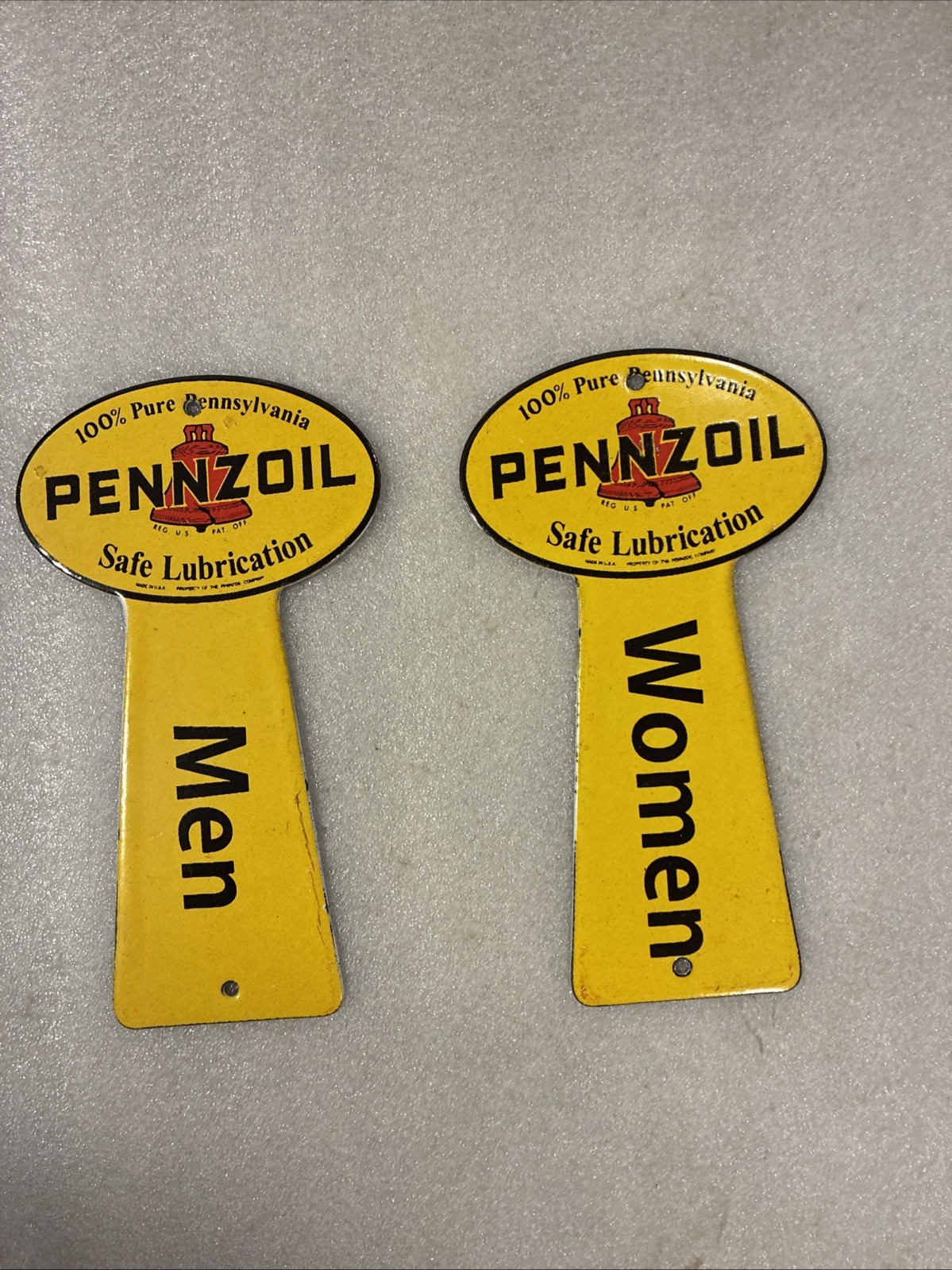 Pennzoil Porcelain Gas Station Sign 6 Inches Pair Restroom Bathroom Key Holder
