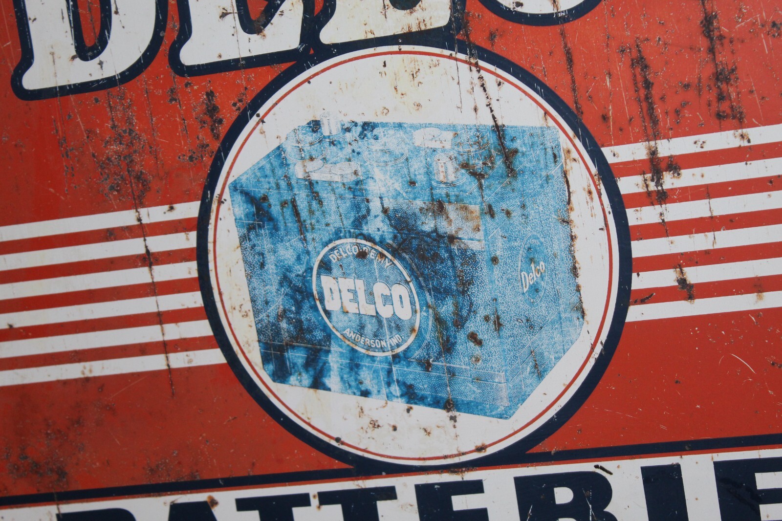 SCARCE 1954 DELCO BATTERIES 2-SIDED PAINTED METAL DEALER SIGN GMC CHEVY GAS OIL