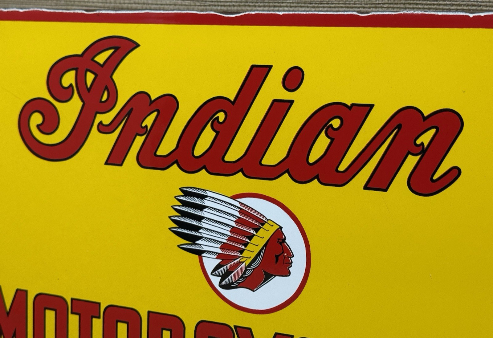 VINTAGE INDIAN MOTORCYCLES PORCELAIN SIGN, DEALERSHIP, MOTOR BIKE HARLEY GAS OIL