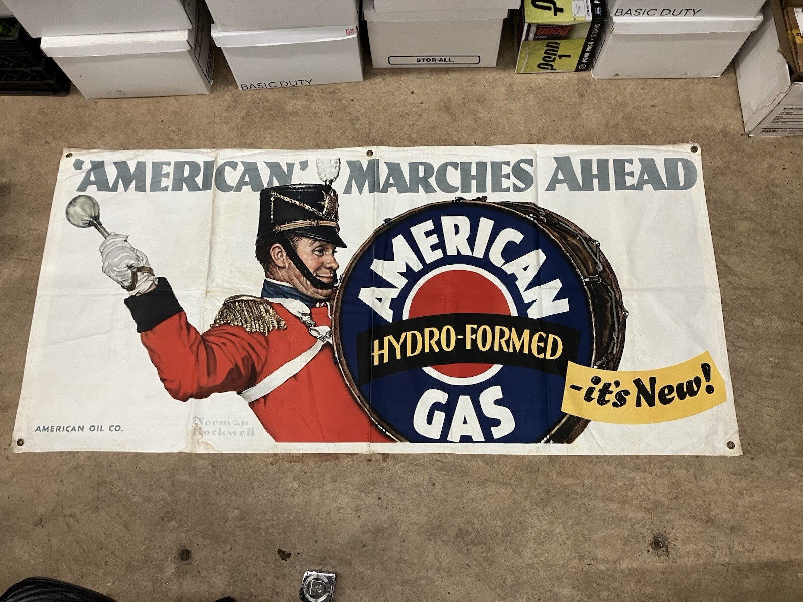 American Gas Norman Rockwell Vintage Banner Sign Amoco American Oil Co