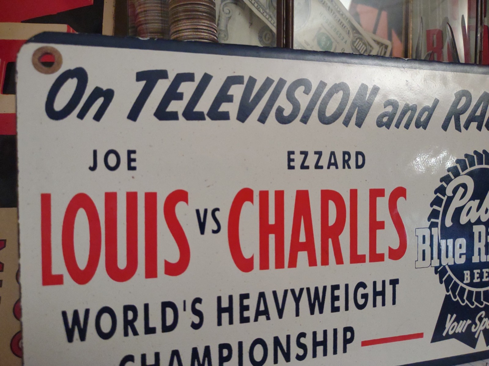 VINTAGE PABST BLUE RIBBON BEER PORCELAIN METAL SIGN OLD BOXING JOE LOUIS