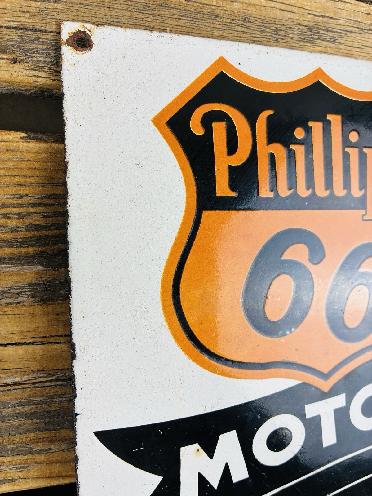 VINTAGE 10×8″ PHILLIPS 66 MOTOR OILS GASOLINE PUMP STATION PORCELAIN GAS AD SIGN