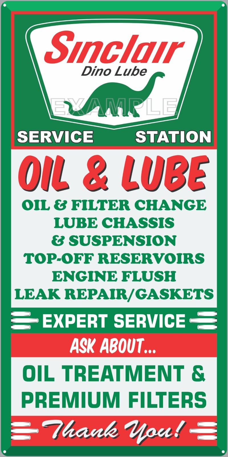 SINCLAIR DINO LUBE OIL CHANGE GAS STATION OLD SIGN REMAKE ALUMINUM SIZE OPTIONS