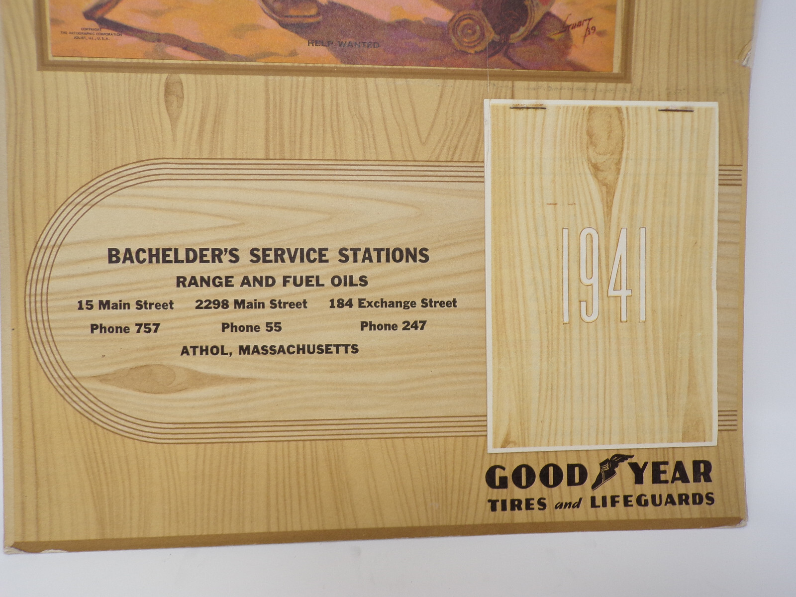 Bachelder Oil Gas Calendar 1941 Goodyear Tires Athol Massachusetts Boy Fishing