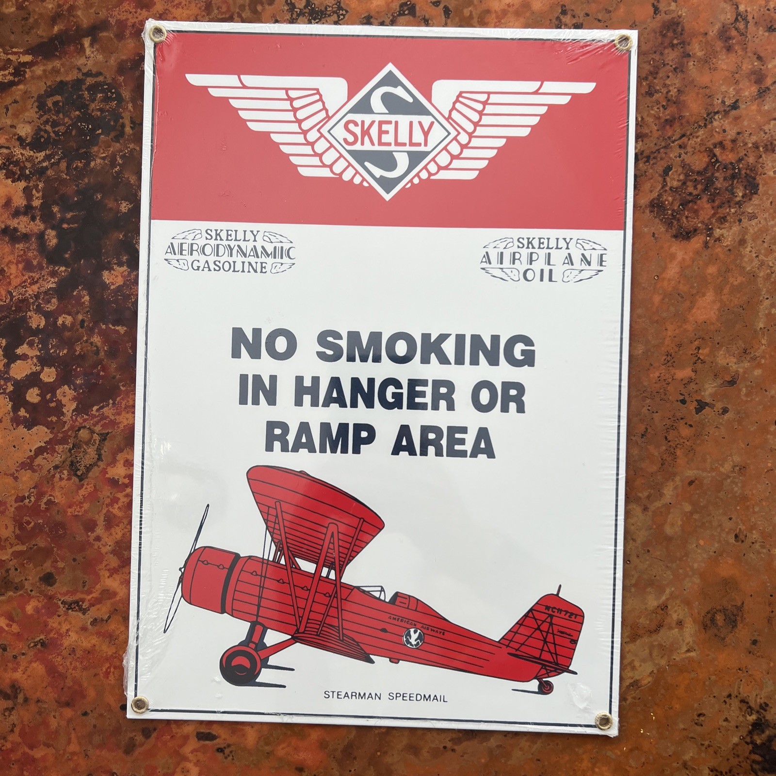 VINTAGE SKELLY GASOLINE “NO SMOKING IN HANGER OR RAMP AREA” PORCELAIN SIGN New!