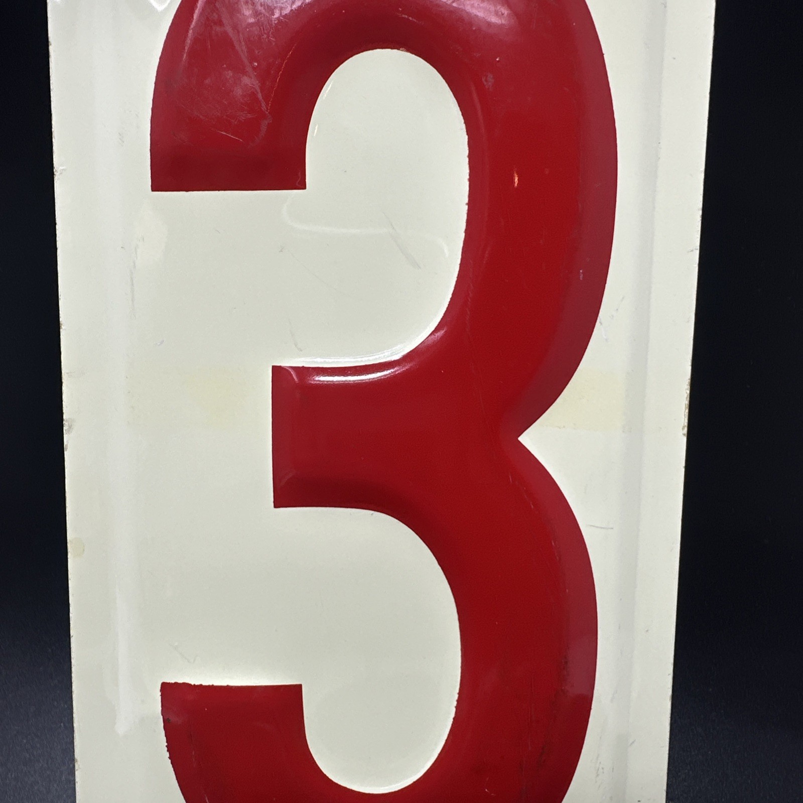 Vintage Embossed Tin Metal 10″x5″ Gas Station Sign “3” Rectangular Red