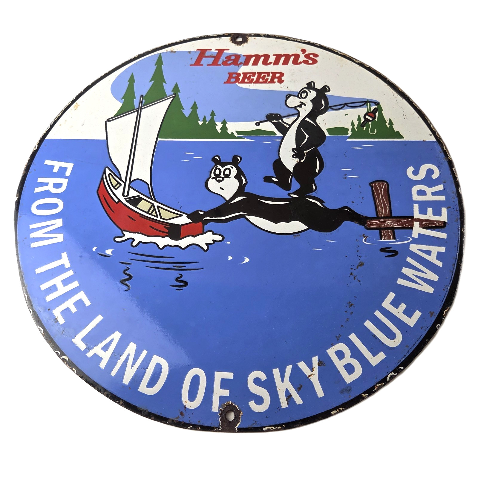 Vintage Hamms Beer Sign – Alcohol Brewery Bear Blue Water Pump Porcelain Sign