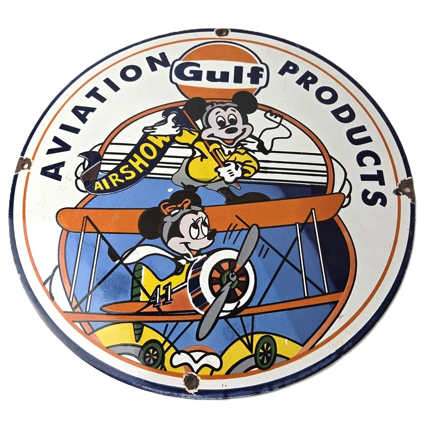Vintage Gulf Aviation Mickey Minnie Porcelain Sign – Disney Airshow Sign