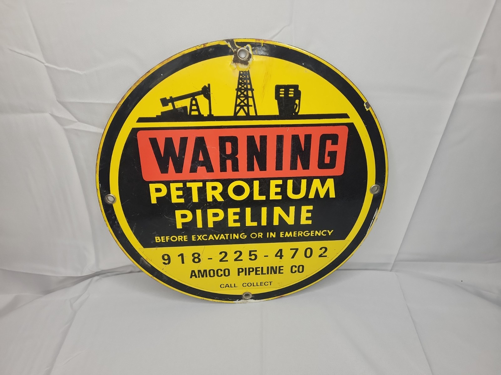 VINTAGE AMOCO WARNING PETROLEUM PIPELINE 12” METAL SIGN OIL RUSTIC MAN CAVE