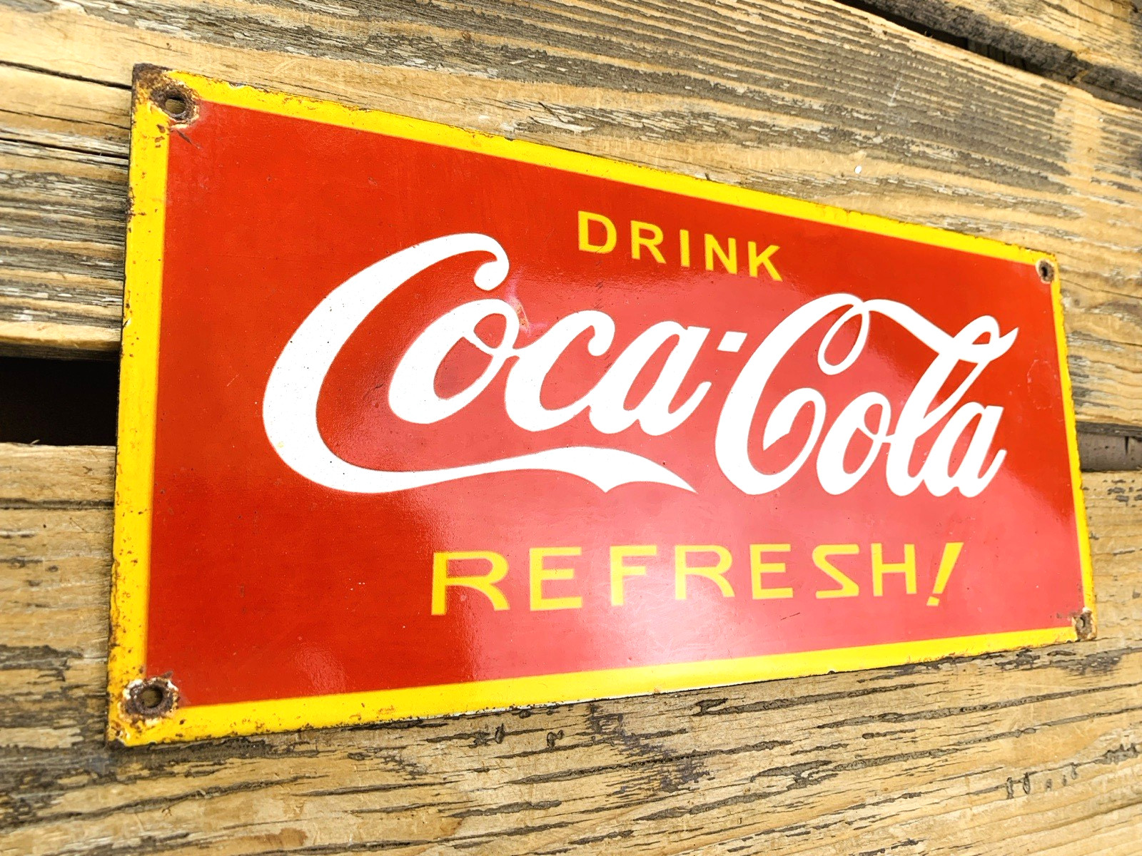 VINTAGE 12×5.5″ Drink COCA COLA REFRESH! COKE SODA POP PORCELAIN OIL GAS SIGN