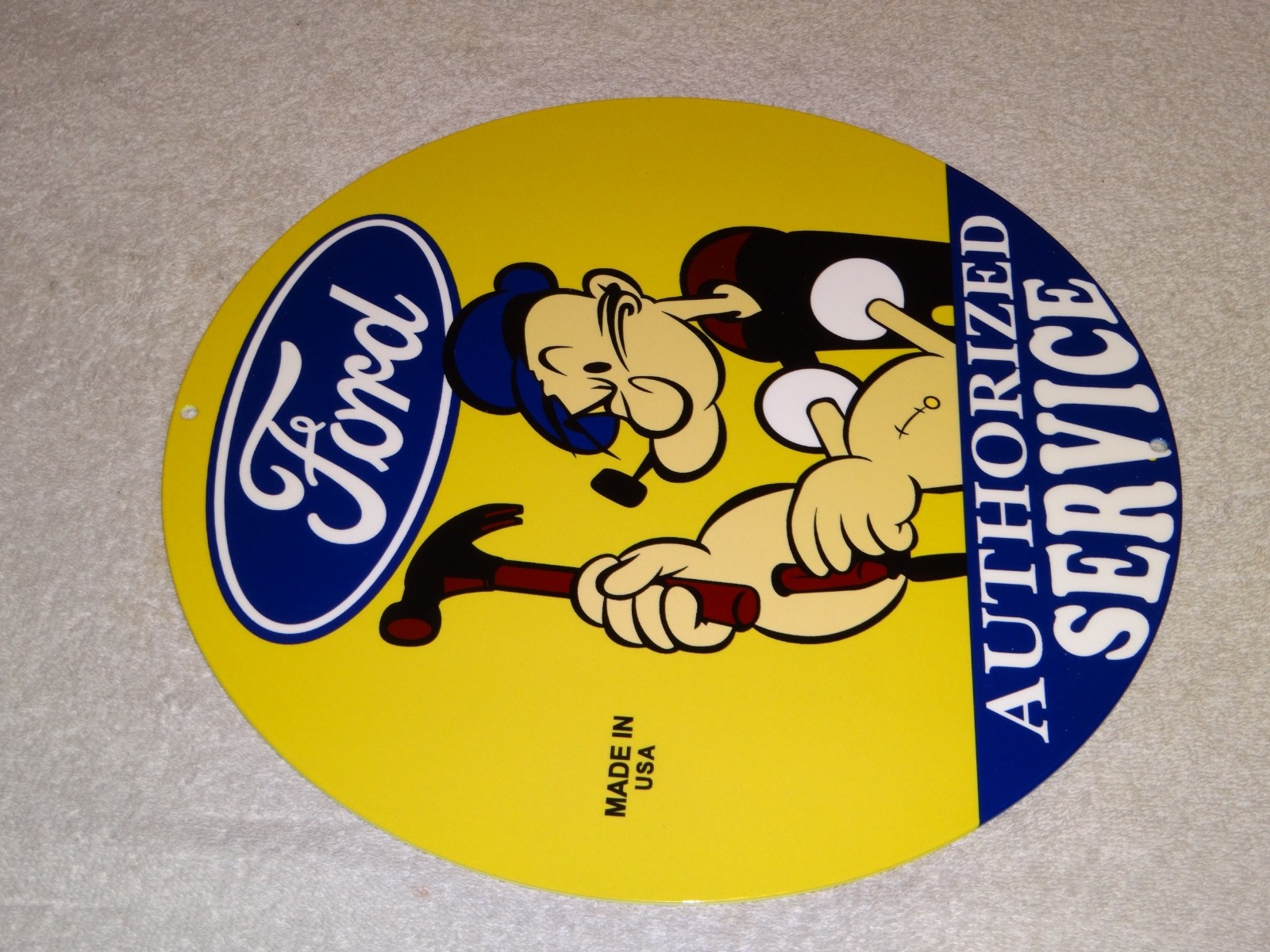VINTAGE FORD SERVICE W/ POPEYE THE SAILOR MAN 12″ ENAMEL METAL GASOLINE OIL SIGN