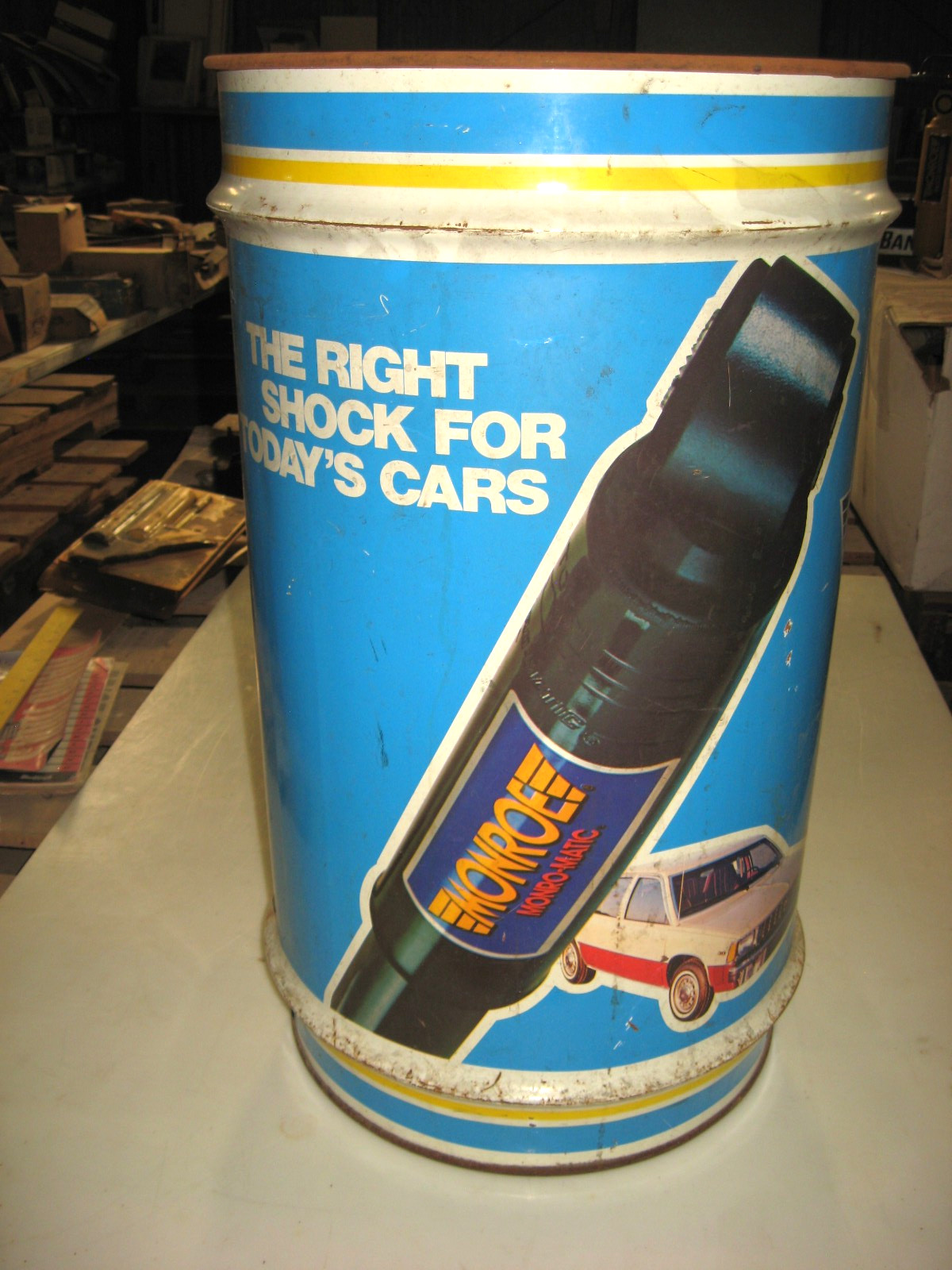 Vintage Metal Monroe Shocks Garbage, Trash Can, 24″ high x 14-1/2″ dia.