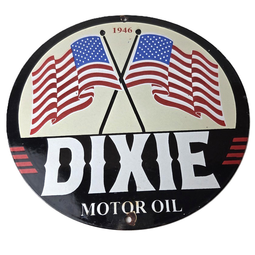 Vintage Dixie Motor Oil Sign – American Flags Service Gas Pump Porcelain Sign