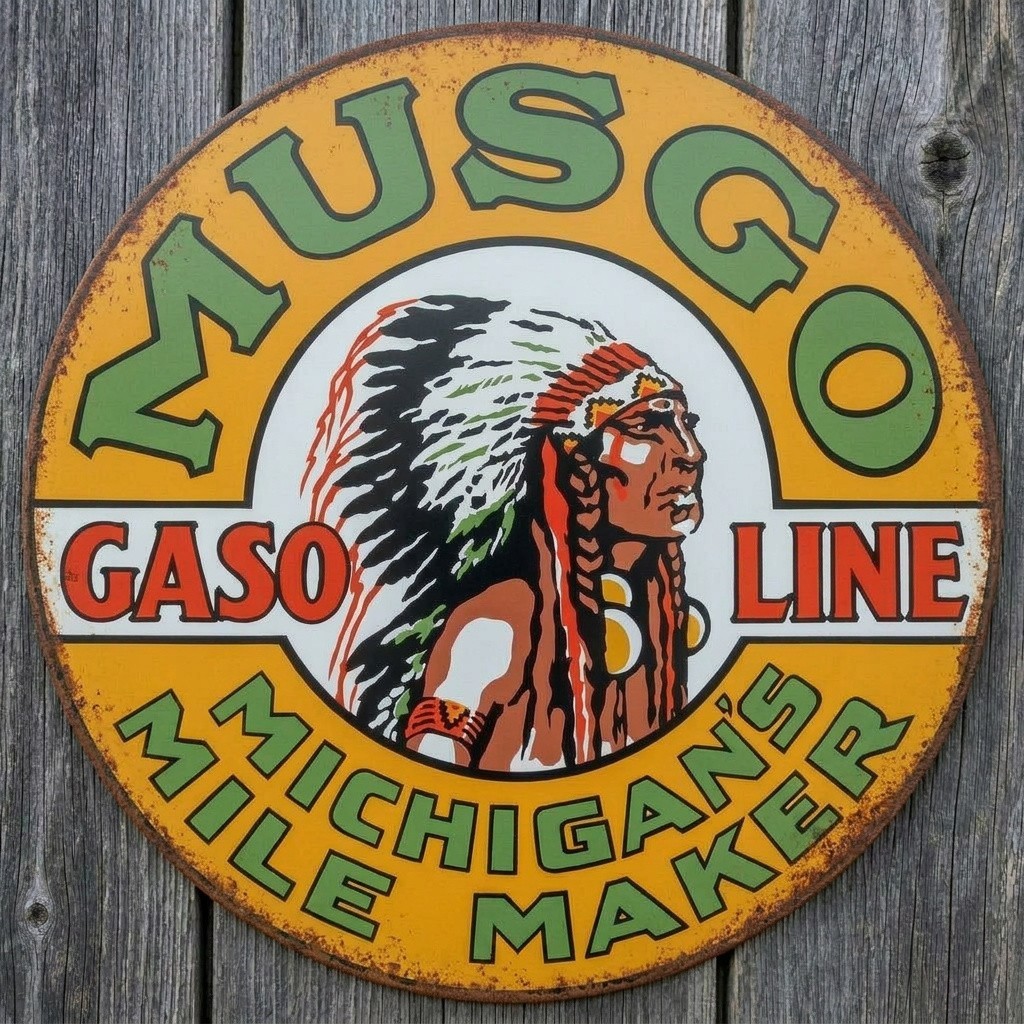 Musgo Gasoline 12″ Diameter Vintage Novelty Metal Sign Made In USA
