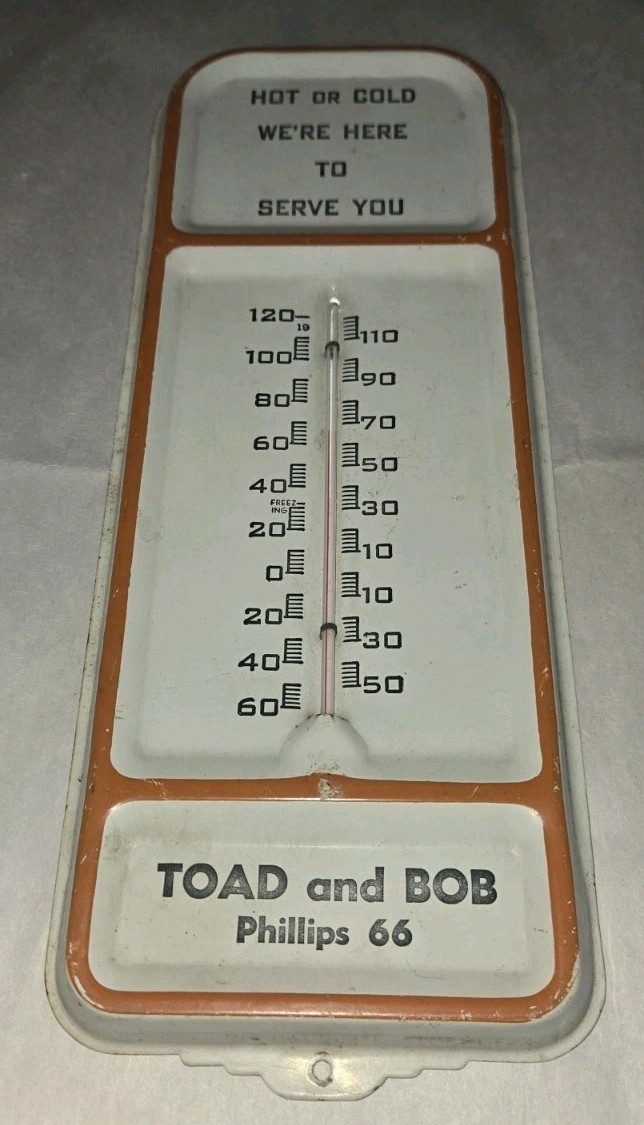 Toad & Bob PHILLIPS 66 THERMOMETER – Hot Or Cold Were Here To Serve You GAS OIL