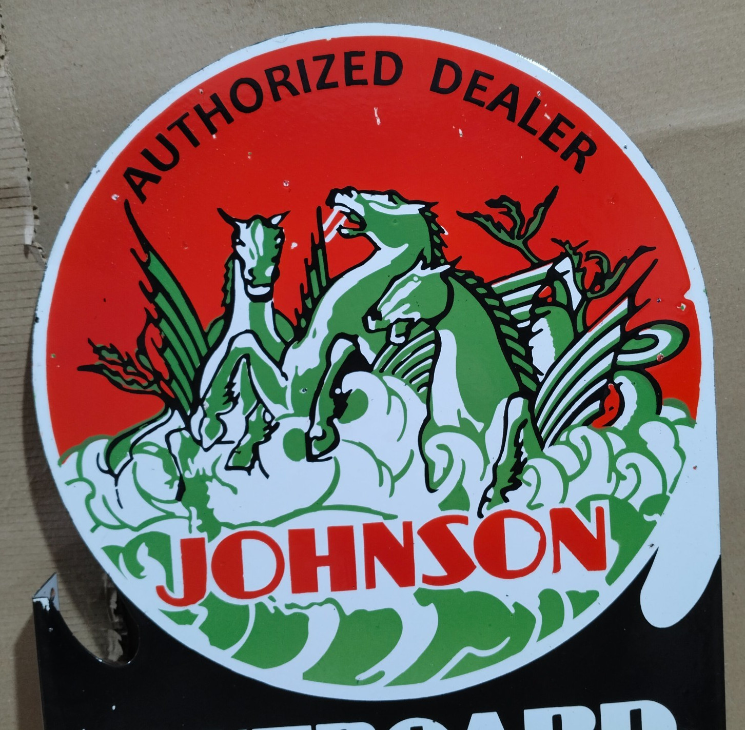 Johnson Outboard Motors And Boats Porcelain Enamel Sign 28 x 20 Inches 2 Sided