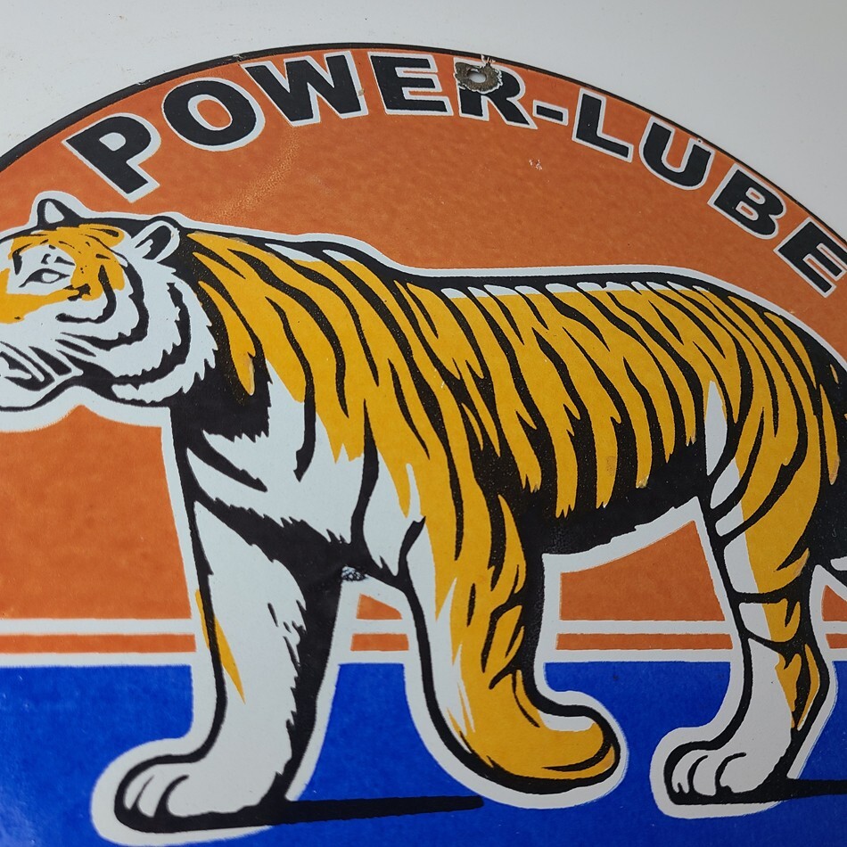 Vintage Power Lube Gasoline Sign – Tiger Motor Oil Gas Pump Ad Porcelain Sign