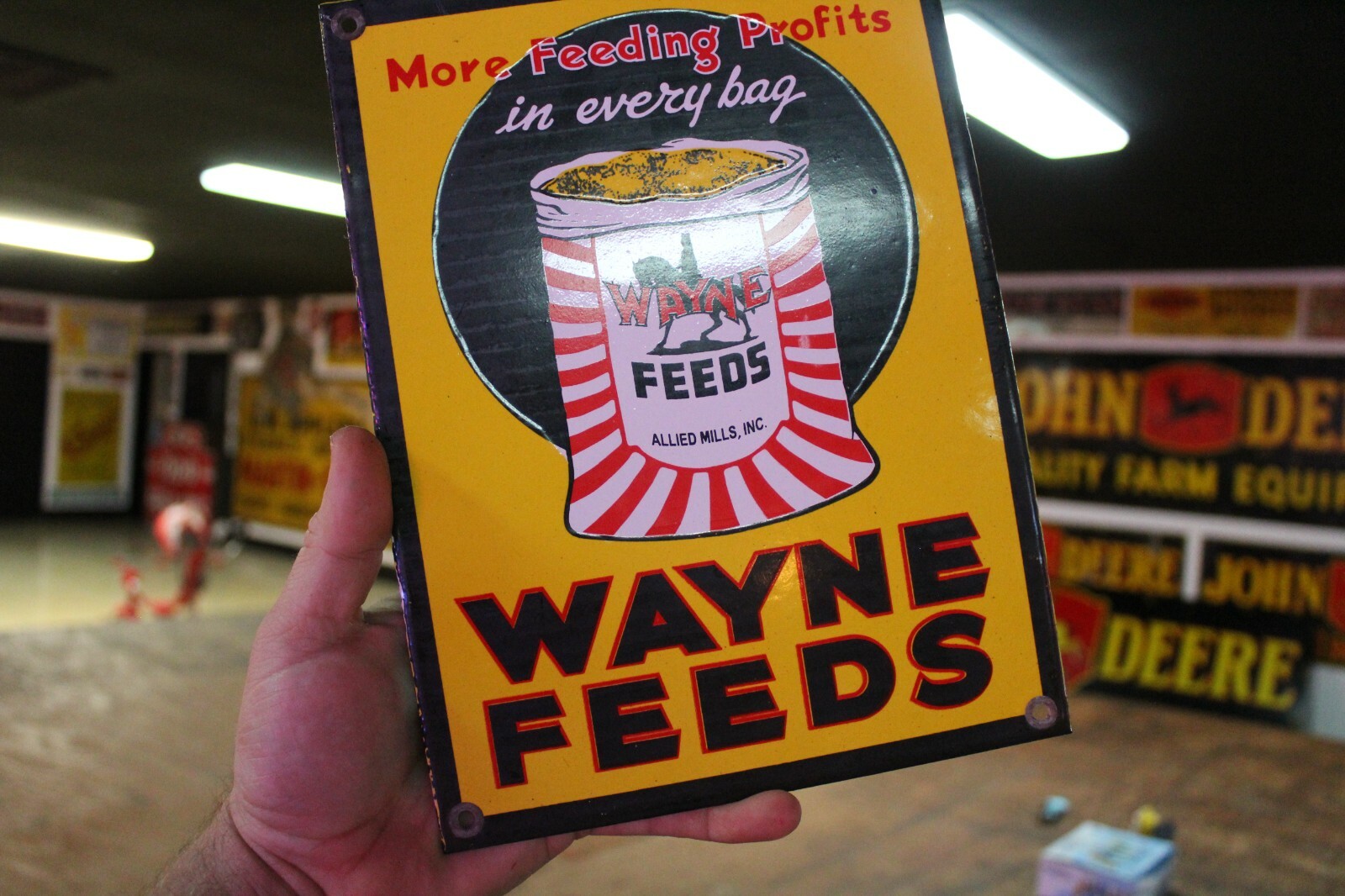 WAYNE FEEDS MORE PROFIT DEALER SEED CORN BARN DAIRY PORCELAIN METAL SIGN GAS