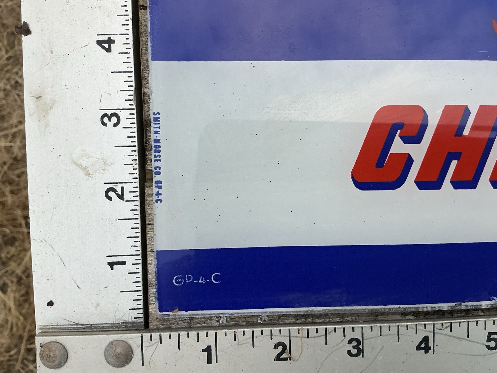Original CHEVRON Gas Pump Advertising GLASS SLIDE IN Good Condition Smith-Morse