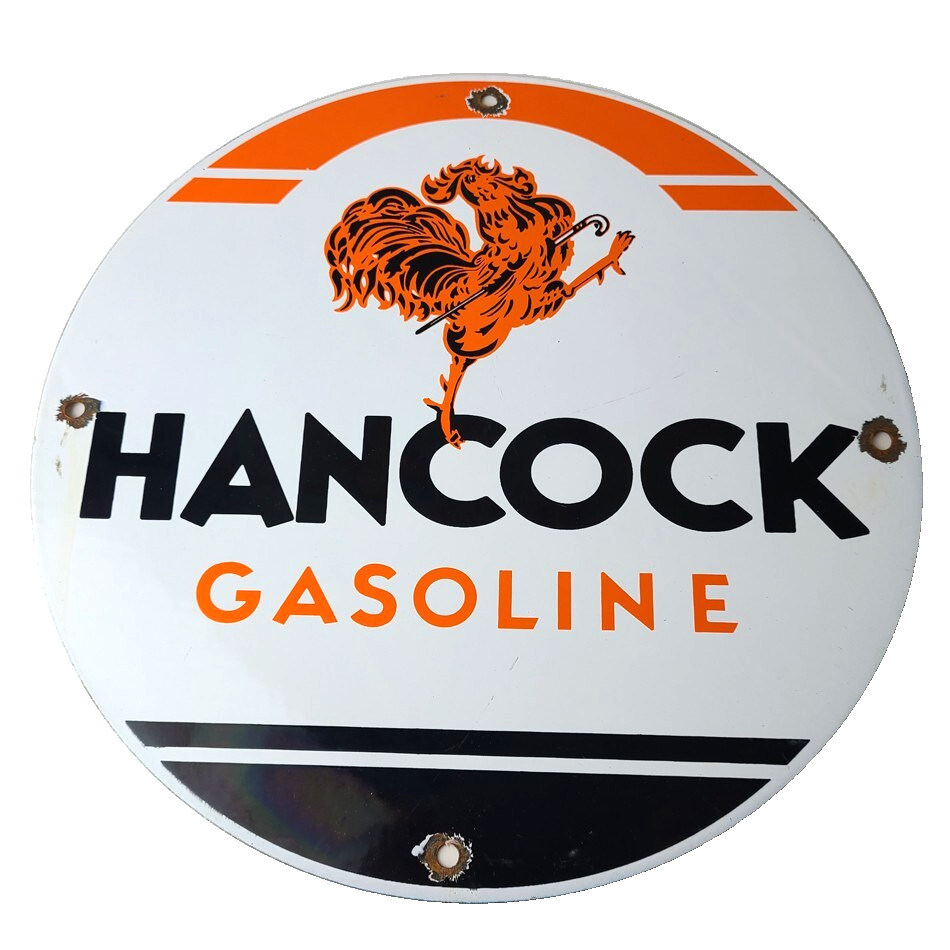 Vintage Hancock Gasoline Sign – Gas Motor Oil Pump Plate Porcelain Sign