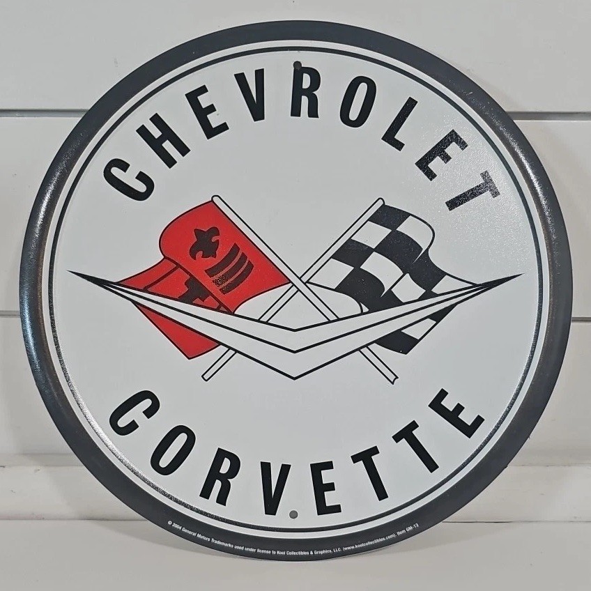 Vtg CHEVROLET CORVETTE SIGN 11” GENERAL MOTORS DEALERSHIP GAS OIL Ford Metal Tin