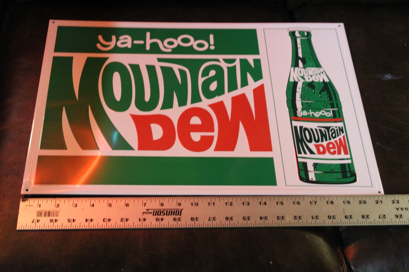 YAHOO MOUNTAIN DEW SODA POP EMBOSSED METAL SIGN BOTTLE COKE FOUNTAIN SERVICE GAS