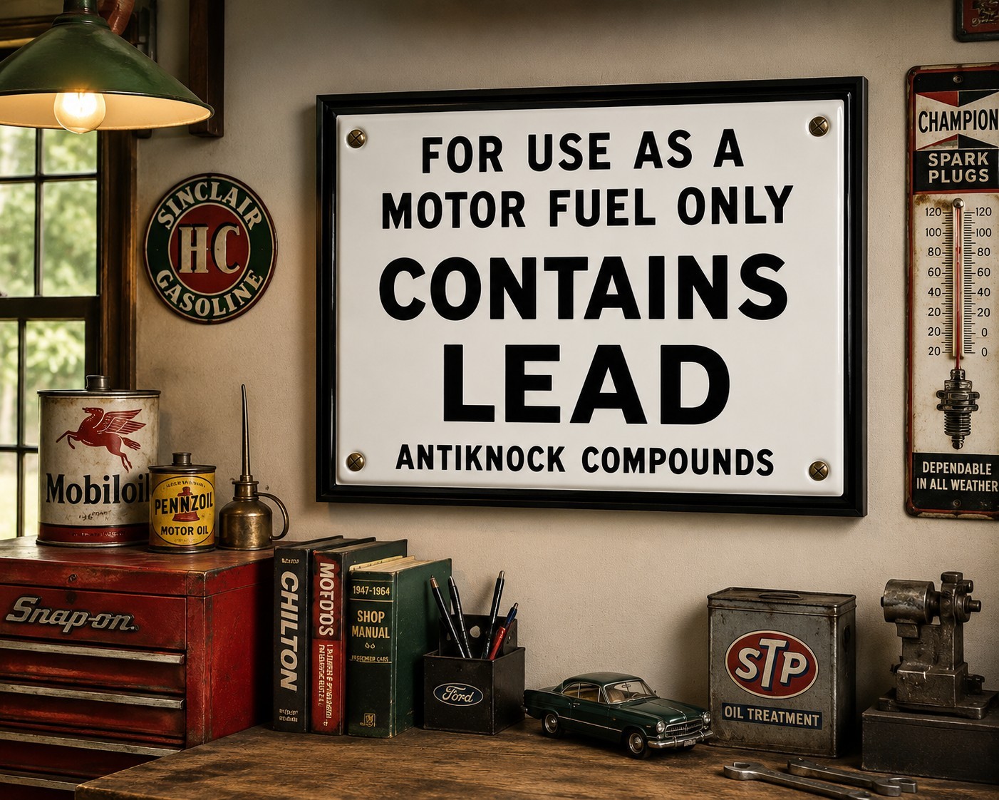 Vintage Contains Lead Gas Pump Sign Print | Porcelain Enamel Wall Art | 18×24…
