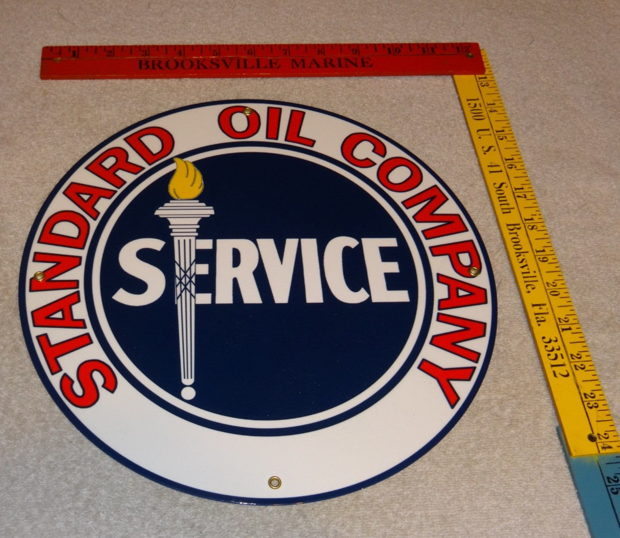 VINTAGE STANDARD OIL COMPANY GASOLINE SERVICE TORCH 11 3/4″ PORCELAIN METAL SIGN