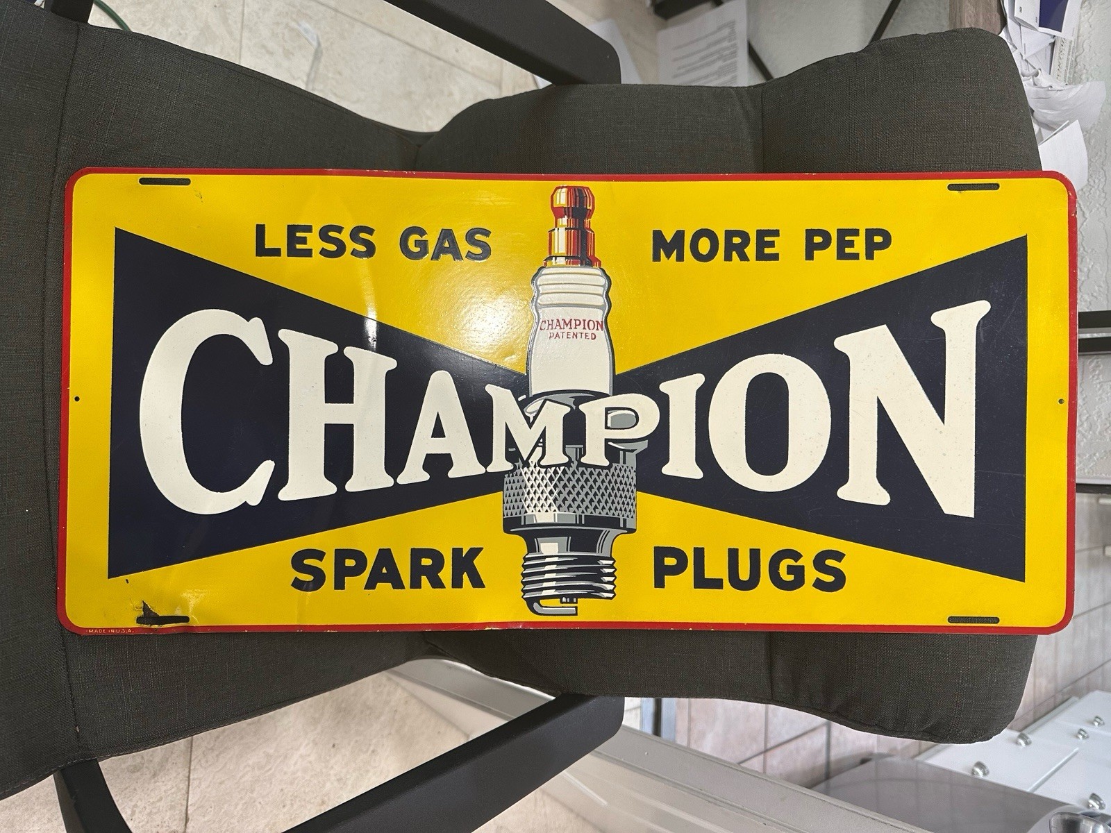 Vintage CHAMPION SPARK PLUG Painted Metal Tin Sign Original Less Gas! More Pep!!