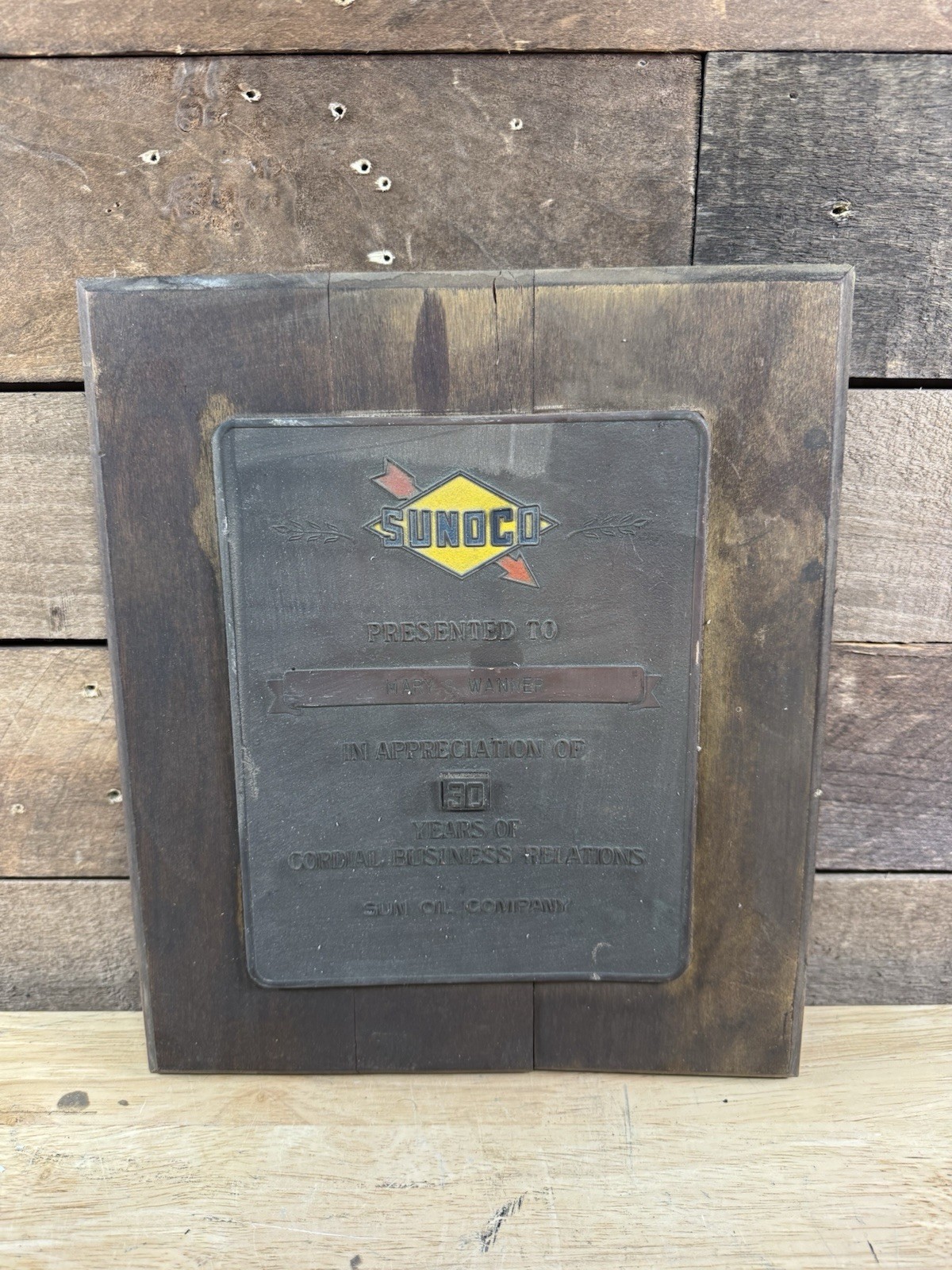 Vintage SUNOCO Motor Oil Business Relations 30yr Appreciation Award Plaque Sign