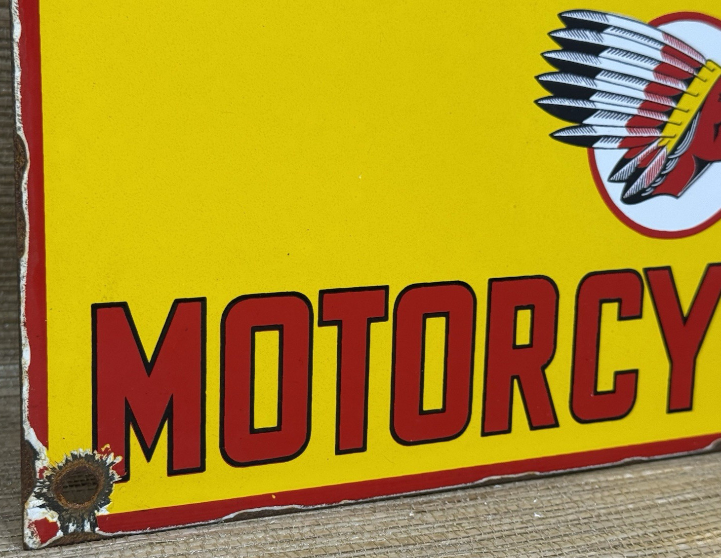 VINTAGE INDIAN MOTORCYCLES PORCELAIN SIGN, DEALERSHIP, MOTOR BIKE HARLEY GAS OIL
