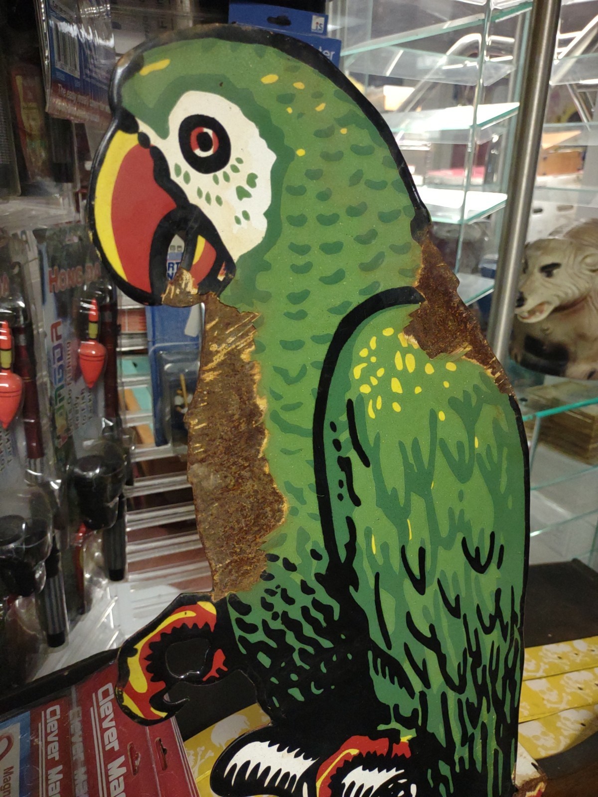 VINTAGE LARGE POLLY PORCELAIN FLANGE SIGN MOTOR OIL GASOLINE PARROT GAS 3FT