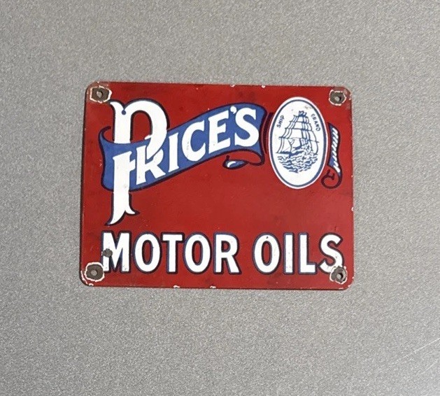 VINTAGE PRICES MOTOR PORCELAIN SIGN CAR GAS MOTORCYCLE OIL