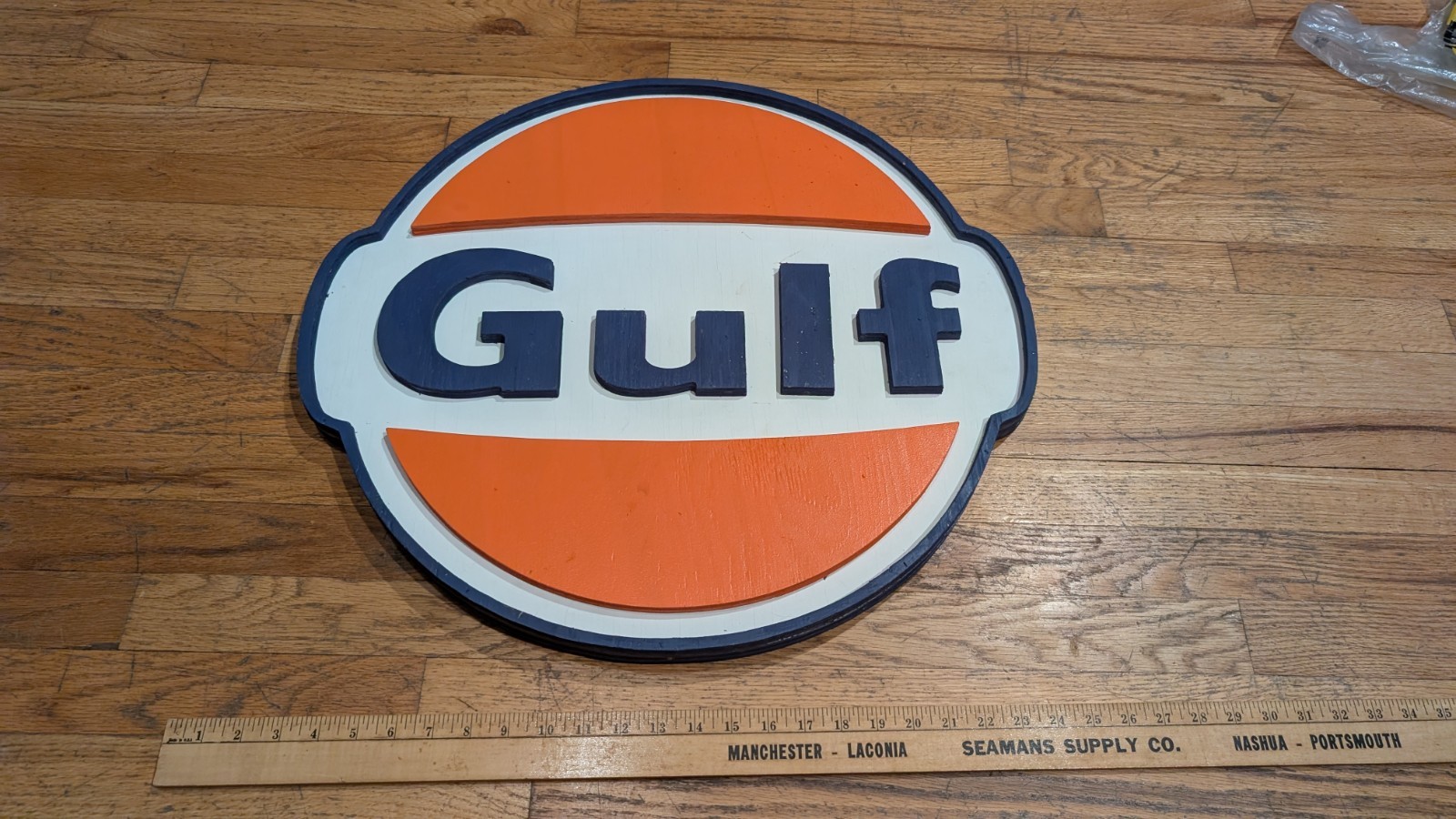Double-sided Wooden Gulf Gas Station Sign 3 dimensional, Raised Lettering.