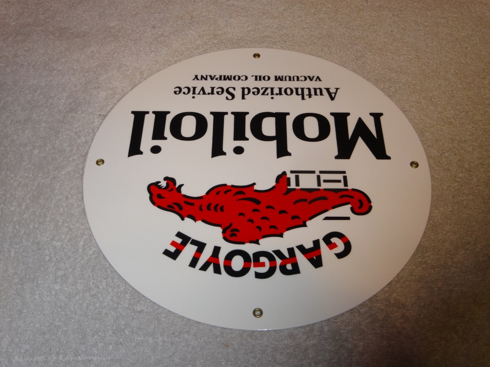 VINTAGE “MOBIL MOBILOIL W/ GARGOYLE” 11 3/4″ PORCELAIN METAL GASOLINE & OIL SIGN